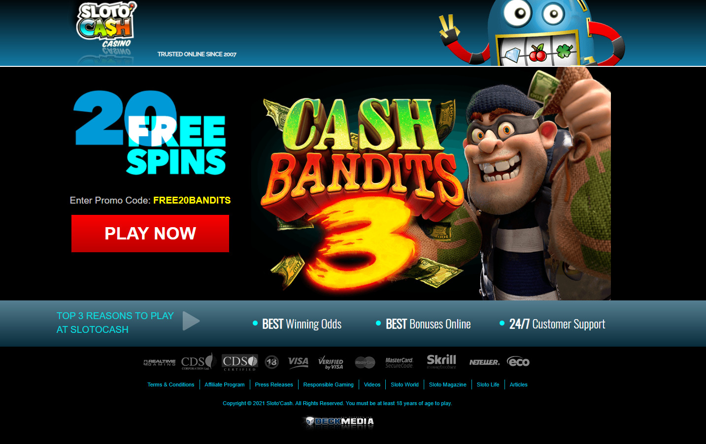 Sloto Cash Casino 20 Free Spins no deposit