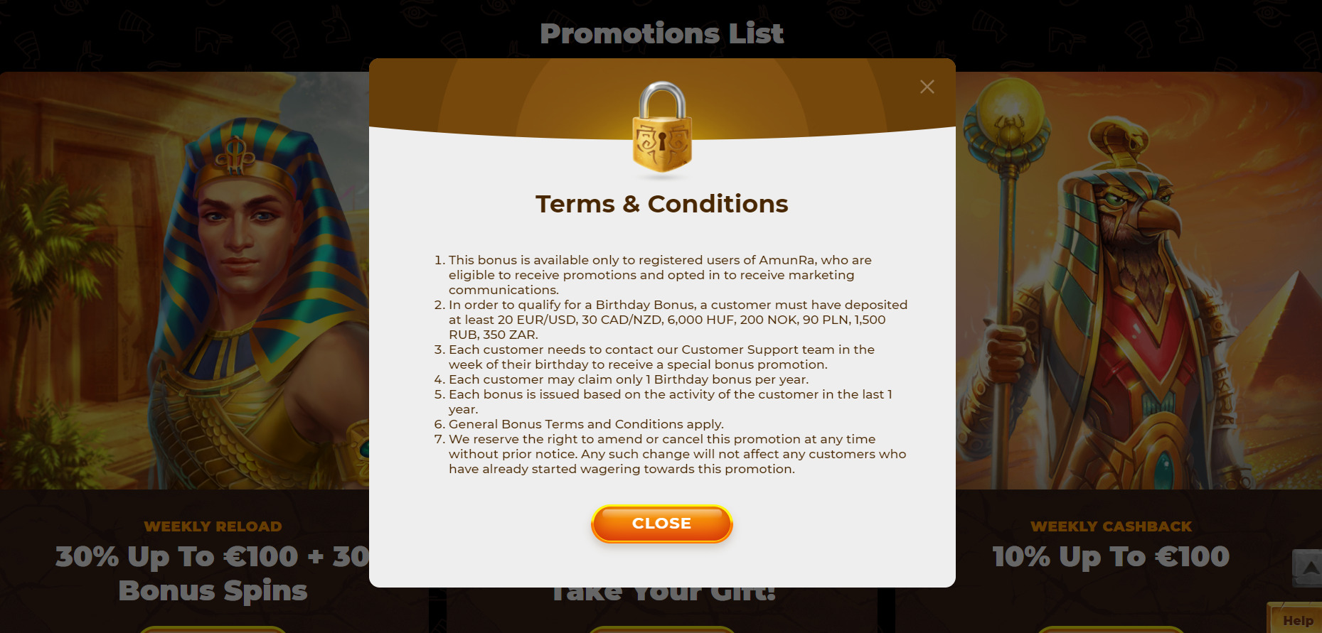 AmunRa Casino Birthday bonus