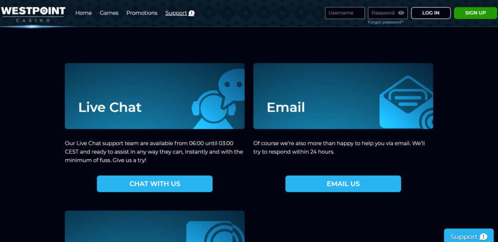 Westpoint Casino support and help