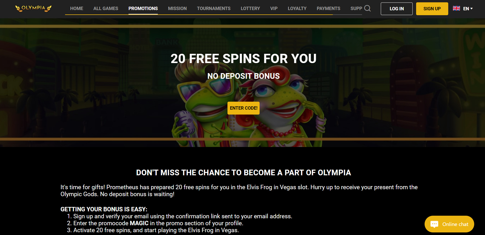 Olympia Casino 20 free spins no deposit on Elvis Frog in Vegas