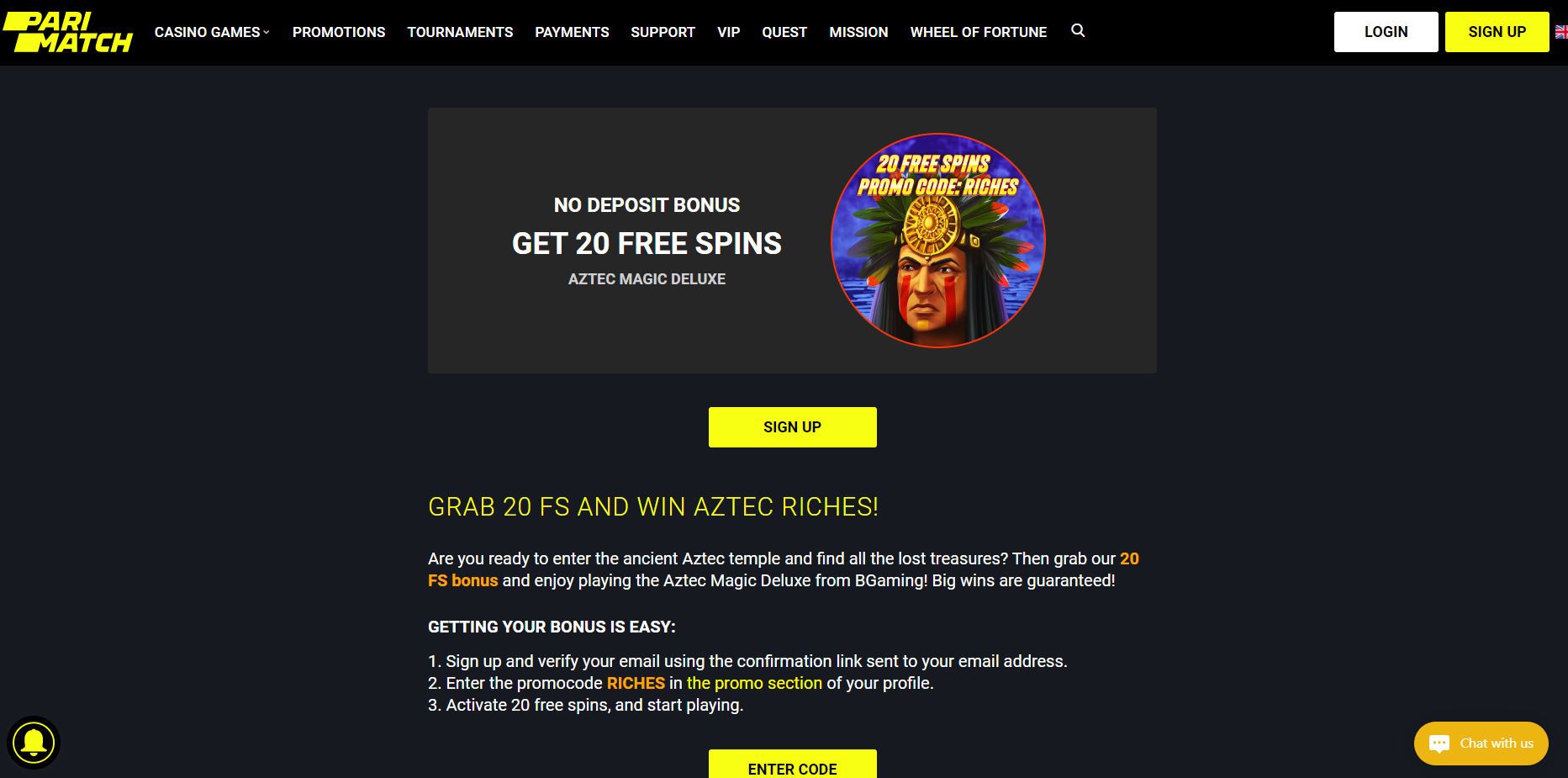 Pari Match Casino 20 free spins no deposit on Aztec Magic Deluxe