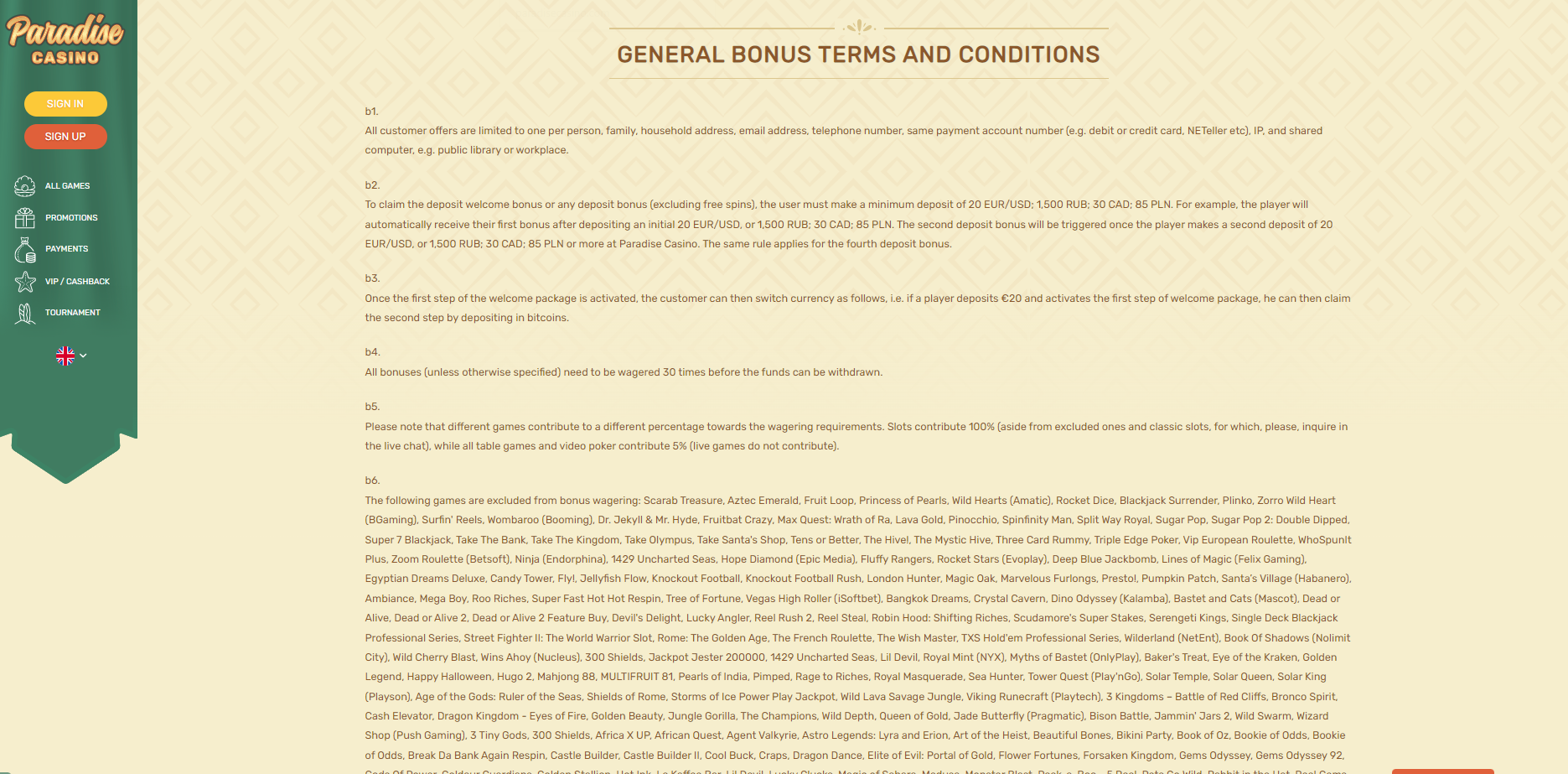 Paradise Casino Welcome Bonus