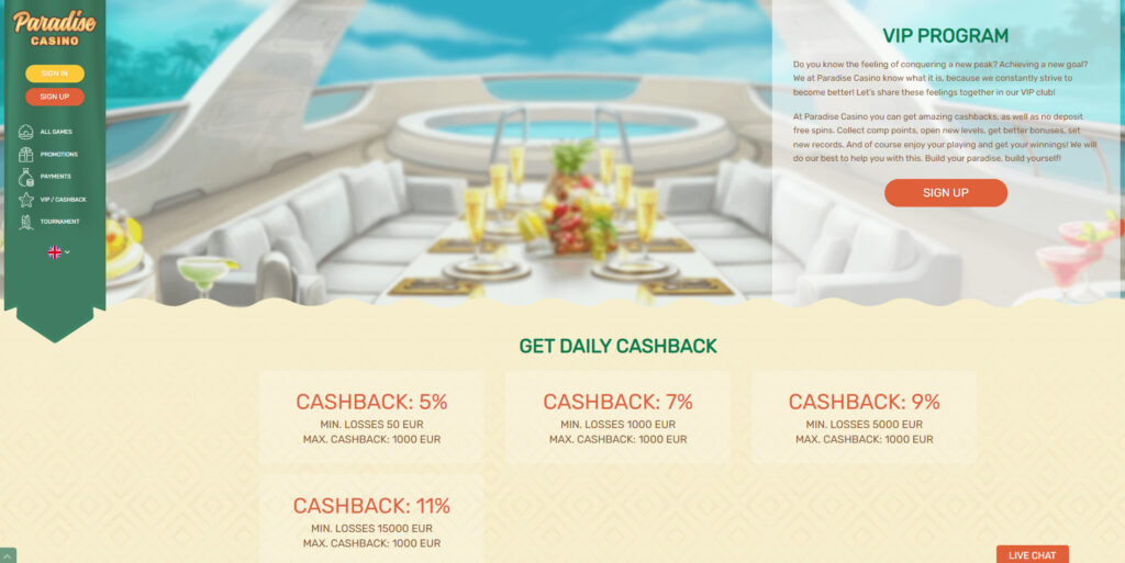 Paradise Casino vip program